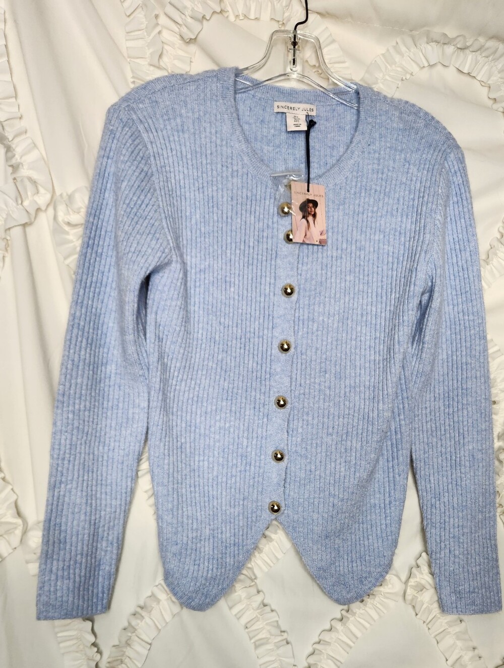 New Sincerely Jules Blue Ribbed Gold Button  Cardigan Sz Large